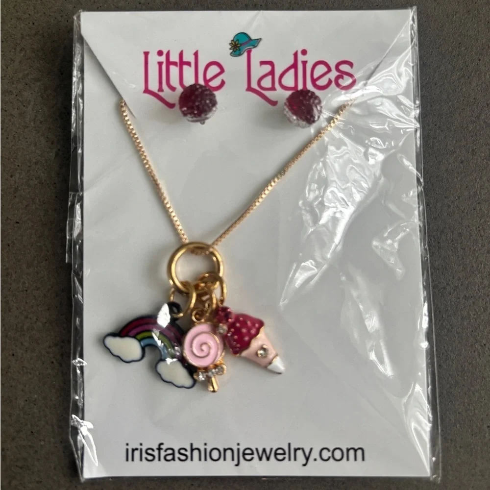 Little Ladies Kids Necklace and Earring Set - Gold and Pink Charms NEW